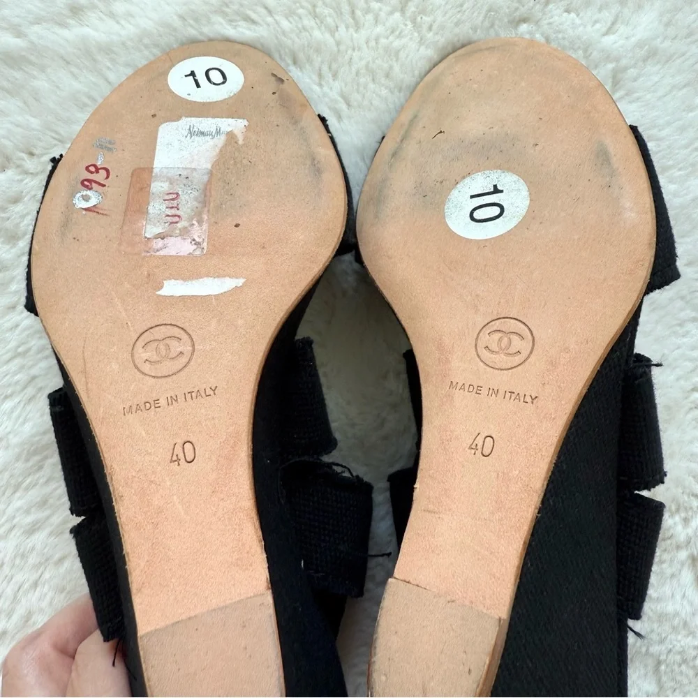 CHANEL Authentic Sandals Canvas Black Gold Color Coco Wedges Size 40 EU or 10 US